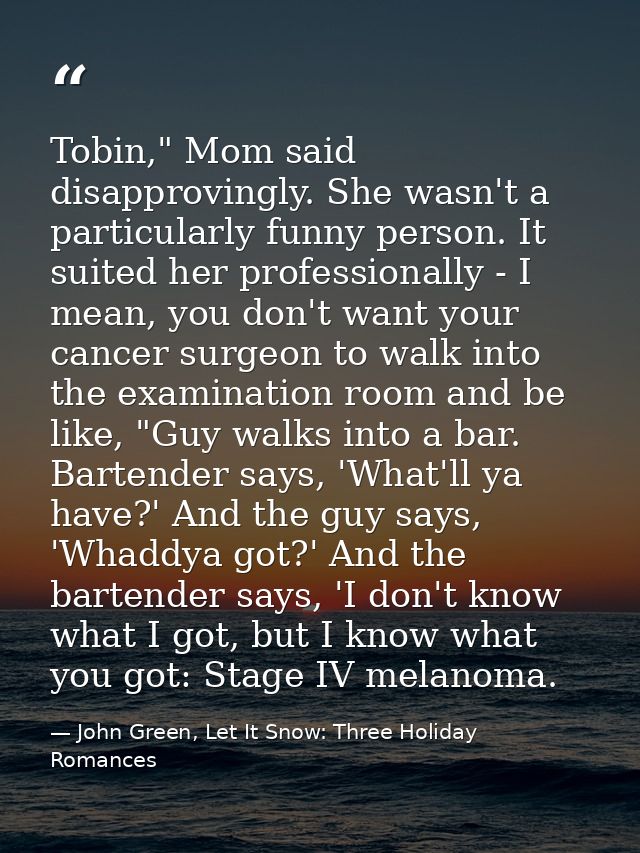 Tobin," Mom said disapprovingly. She wasn't a particularly funny person. It suited her professionally - I mean, you don' — John Green, Let It Snow: Three Holiday Romances