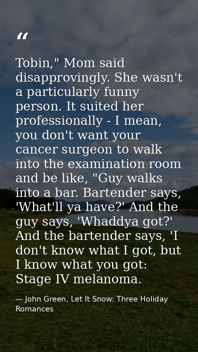 Tobin," Mom said disapprovingly. She wasn't a particularly funny person. It suited her professionally - I mean, you don' — John Green, Let It Snow: Three Holiday Romances