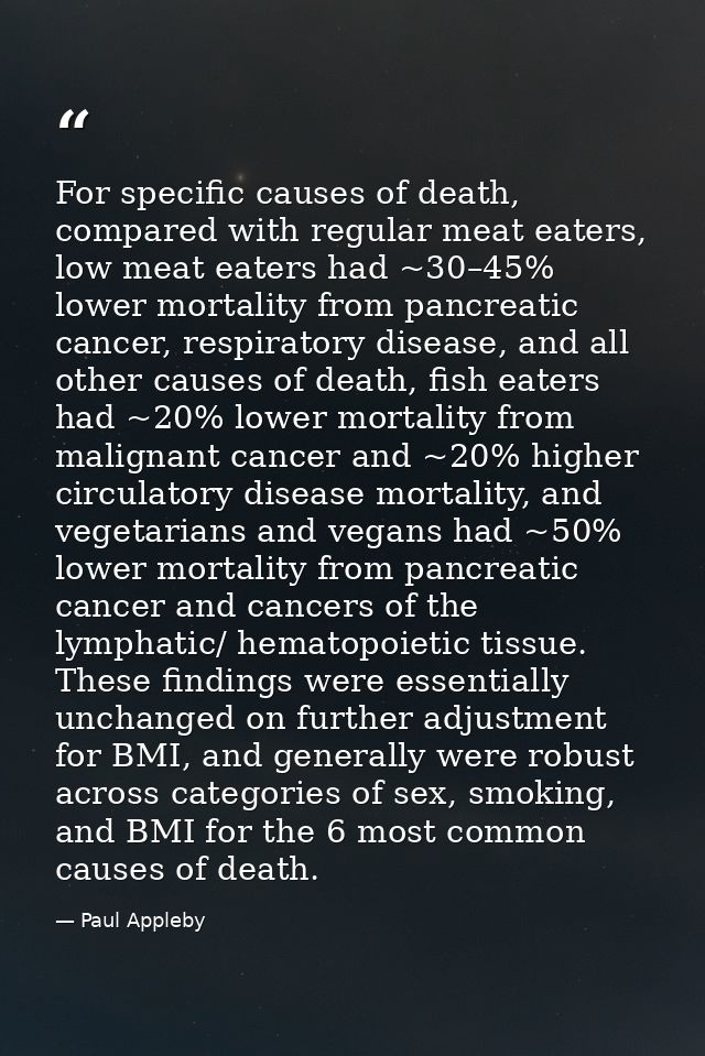 For specific causes of death, compared with regular meat eaters, low meat eaters had ~30–45% lower mortality from pancre — Paul Appleby