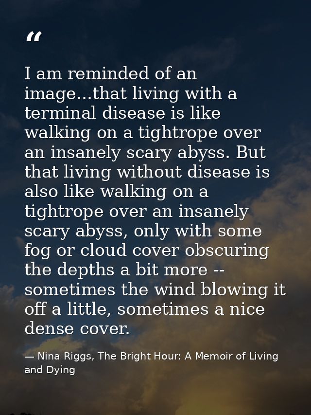 I am reminded of an image...that living with a terminal disease is like walking on a tightrope over an insanely scary ab — Nina Riggs, The Bright Hour: A Memoir of Living and Dying
