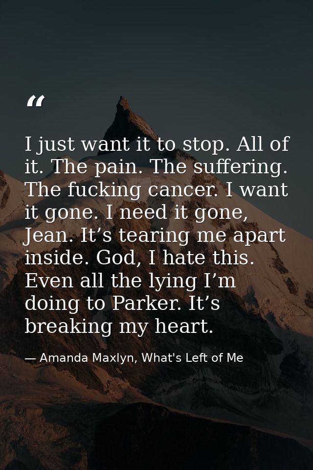 I just want it to stop. All of it. The pain. The suffering. The fucking cancer. I want it gone. I need it gone, Jean. It — Amanda Maxlyn, What's Left of Me
