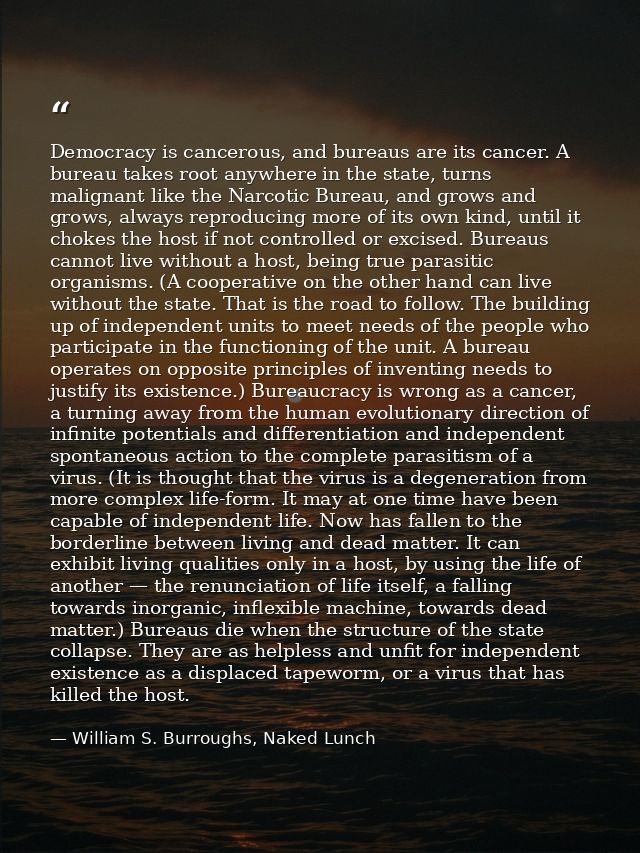 Democracy is cancerous, and bureaus are its cancer. A bureau takes root anywhere in the state, turns malignant like the  — William S. Burroughs, Naked Lunch