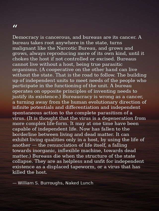 Democracy is cancerous, and bureaus are its cancer. A bureau takes root anywhere in the state, turns malignant like the  — William S. Burroughs, Naked Lunch