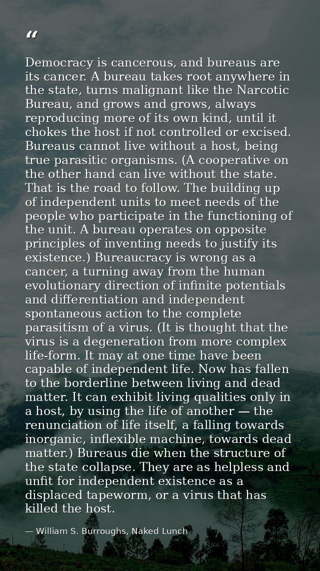 Democracy is cancerous, and bureaus are its cancer. A bureau takes root anywhere in the state, turns malignant like the  — William S. Burroughs, Naked Lunch