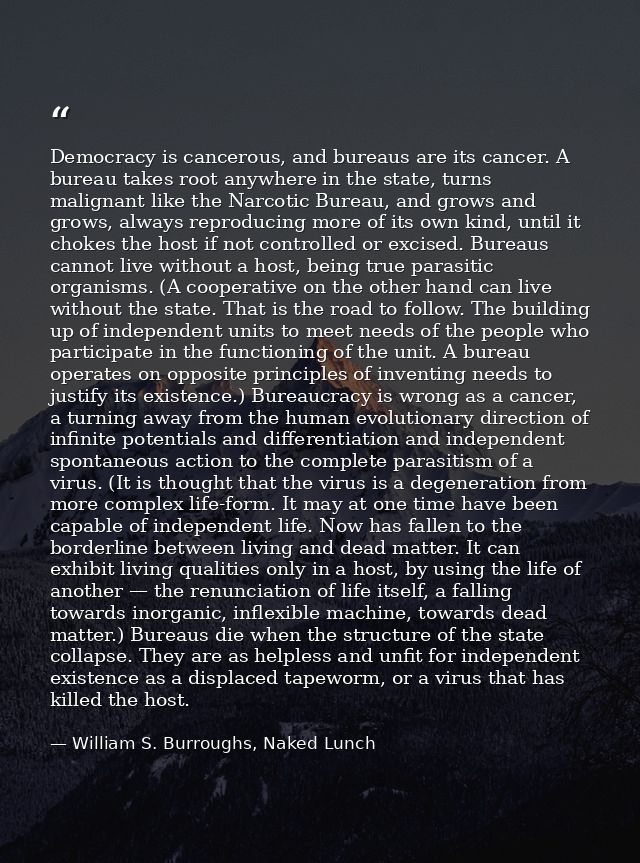 Democracy is cancerous, and bureaus are its cancer. A bureau takes root anywhere in the state, turns malignant like the  — William S. Burroughs, Naked Lunch