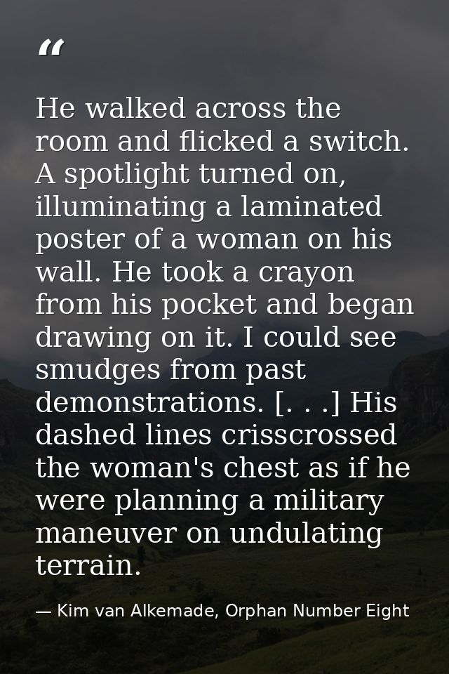 He walked across the room and flicked a switch. A spotlight turned on, illuminating a laminated poster of a woman on his — Kim van Alkemade, Orphan Number Eight