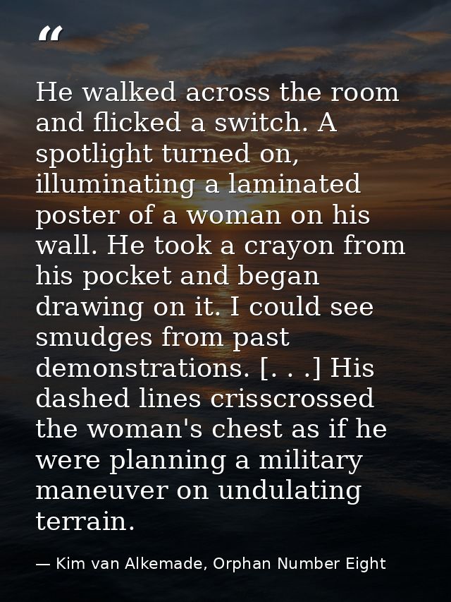 He walked across the room and flicked a switch. A spotlight turned on, illuminating a laminated poster of a woman on his — Kim van Alkemade, Orphan Number Eight
