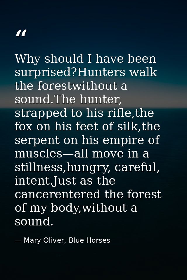 Why should I have been surprised?Hunters walk the forestwithout a sound.The hunter, strapped to his rifle,the fox on his — Mary Oliver, Blue Horses