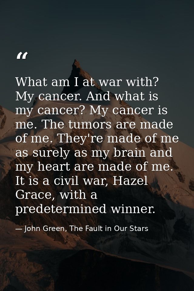 What am I at war with? My cancer. And what is my cancer? My cancer is me. The tumors are made of me. They're made of me  — John Green, The Fault in Our Stars