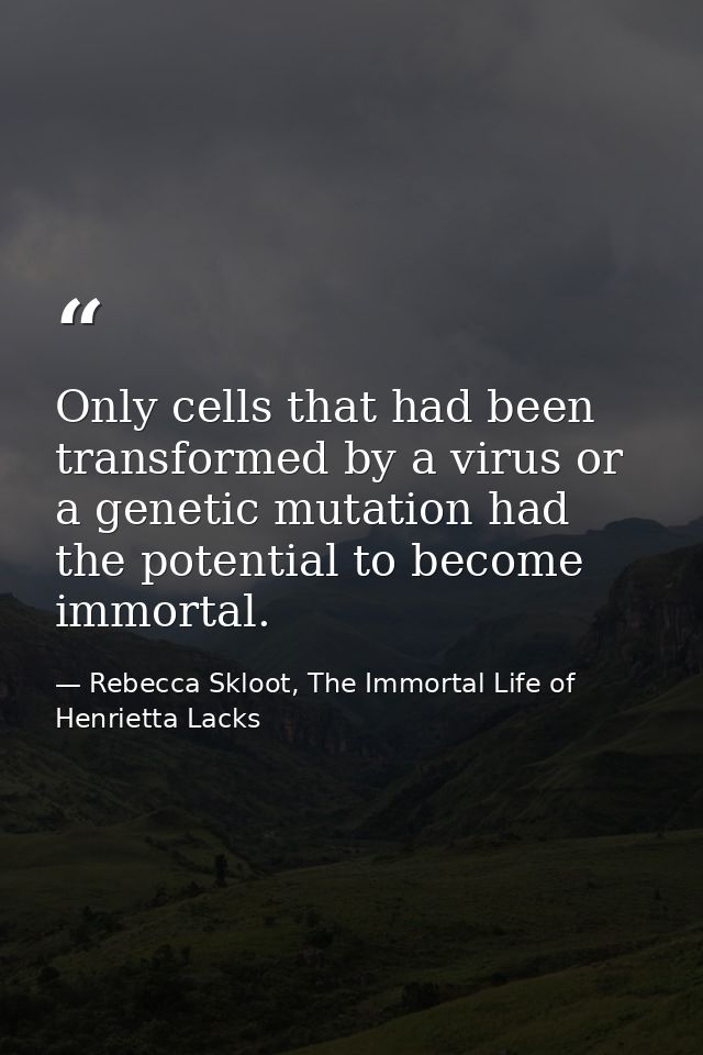 Only cells that had been transformed by a virus or a genetic mutation had the potential to become immortal. — Rebecca Skloot, The Immortal Life of Henrietta Lacks