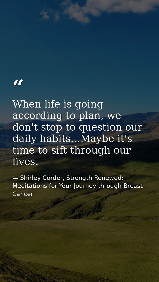 When life is going according to plan, we don't stop to question our daily habits...Maybe it's time to sift through our l — Shirley Corder, Strength Renewed: Meditations for Your Journey through Breast Cancer