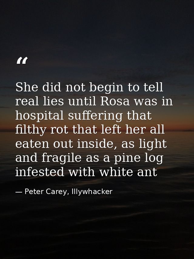 She did not begin to tell real lies until Rosa was in hospital suffering that filthy rot that left her all eaten out ins — Peter Carey, Illywhacker
