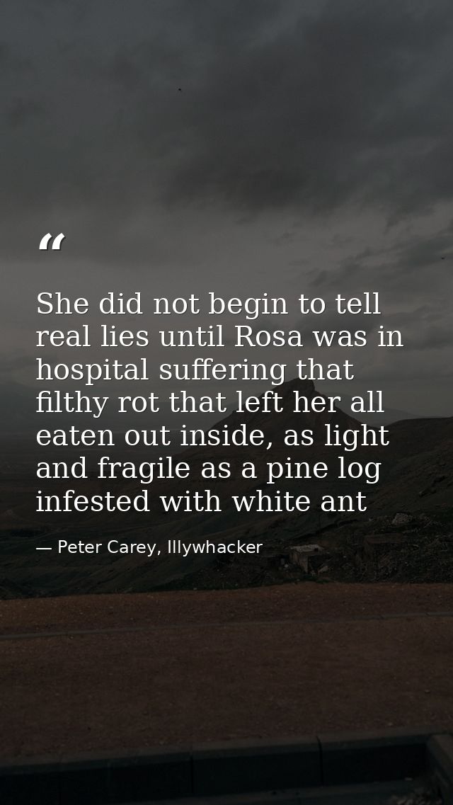She did not begin to tell real lies until Rosa was in hospital suffering that filthy rot that left her all eaten out ins — Peter Carey, Illywhacker
