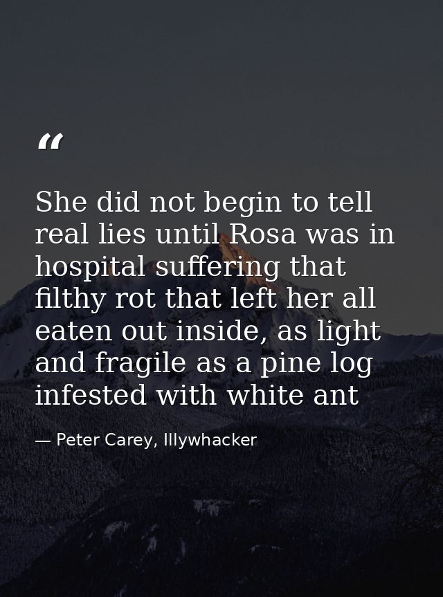 She did not begin to tell real lies until Rosa was in hospital suffering that filthy rot that left her all eaten out ins — Peter Carey, Illywhacker