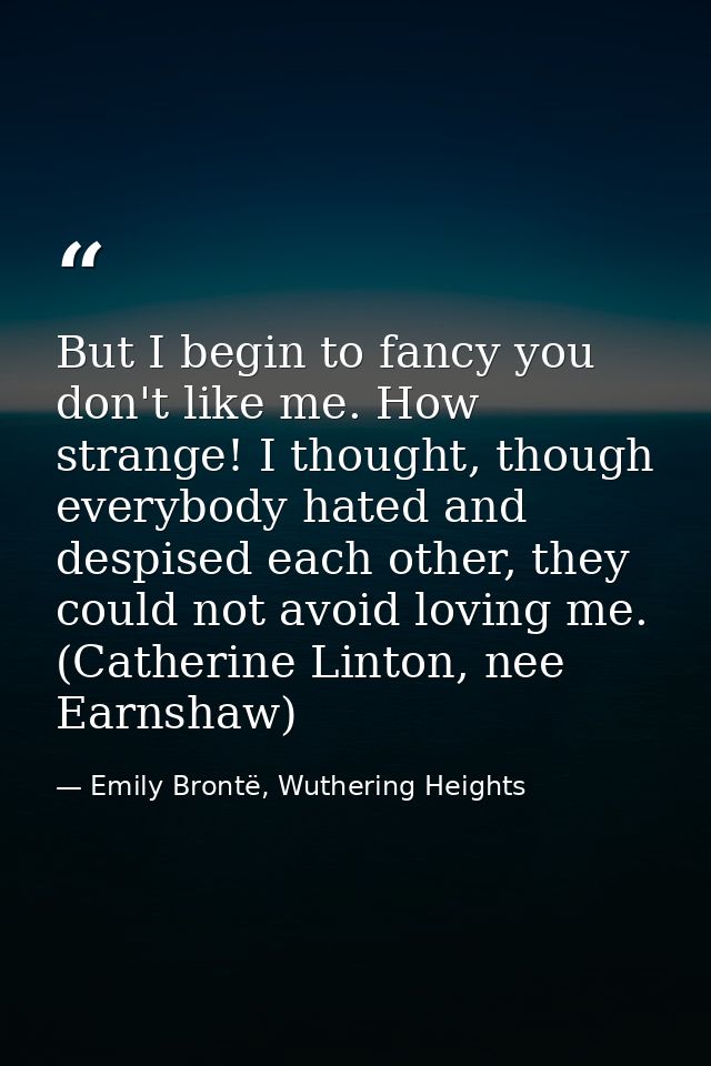 But I begin to fancy you don't like me. How strange! I thought, though everybody hated and despised each other, they cou — Emily Brontë, Wuthering Heights