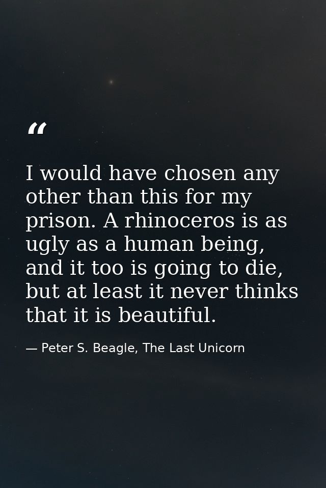 I would have chosen any other than this for my prison. A rhinoceros is as ugly as a human being, and it too is going to  — Peter S. Beagle, The Last Unicorn