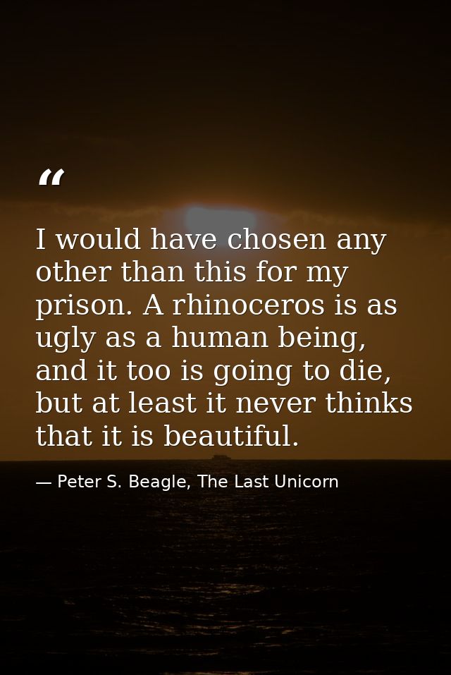 I would have chosen any other than this for my prison. A rhinoceros is as ugly as a human being, and it too is going to  — Peter S. Beagle, The Last Unicorn