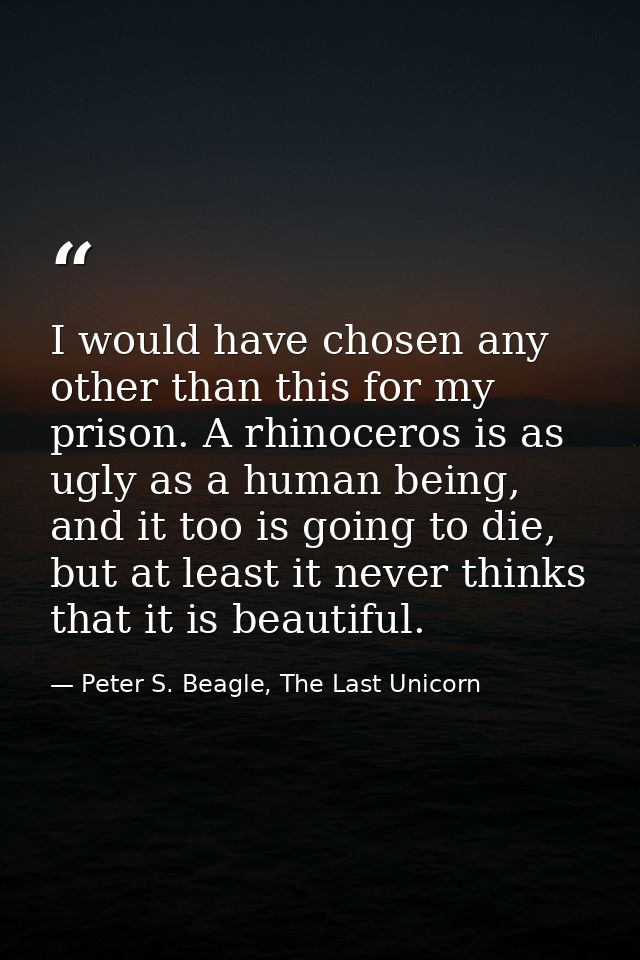 I would have chosen any other than this for my prison. A rhinoceros is as ugly as a human being, and it too is going to  — Peter S. Beagle, The Last Unicorn