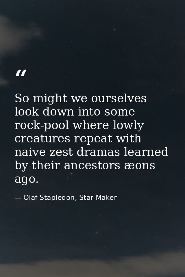 So might we ourselves look down into some rock-pool where lowly creatures repeat with naive zest dramas learned by their — Olaf Stapledon, Star Maker