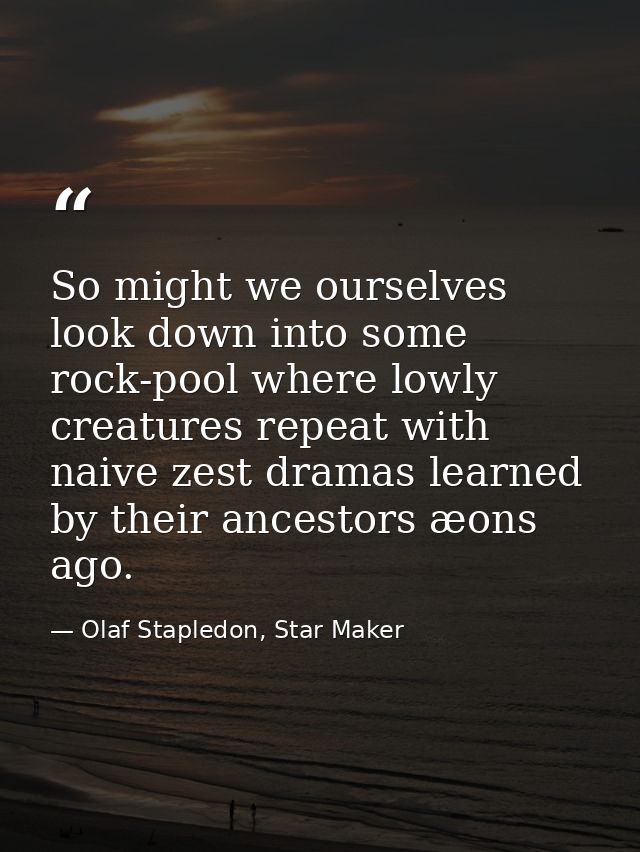 So might we ourselves look down into some rock-pool where lowly creatures repeat with naive zest dramas learned by their — Olaf Stapledon, Star Maker