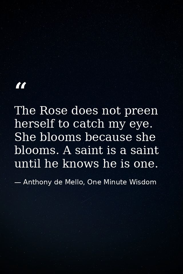 The Rose does not preen herself to catch my eye. She blooms because she blooms. A saint is a saint until he knows he is  — Anthony de Mello, One Minute Wisdom