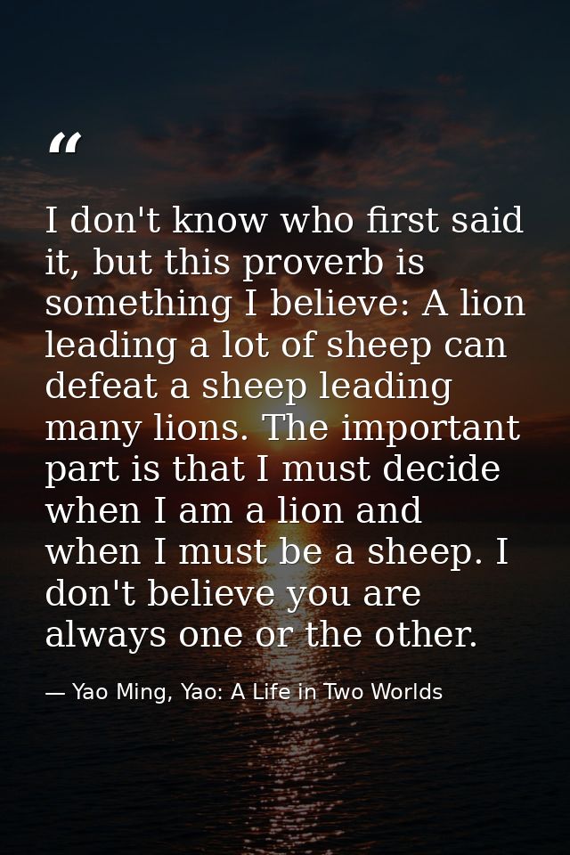 I don't know who first said it, but this proverb is something I believe: A lion leading a lot of sheep can defeat a shee — Yao Ming, Yao: A Life in Two Worlds