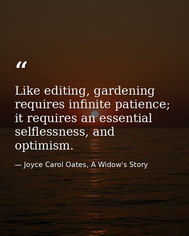 Like editing, gardening requires infinite patience; it requires an essential selflessness, and optimism. — Joyce Carol Oates, A Widow's Story