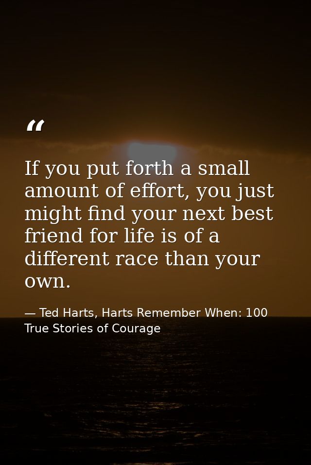 If you put forth a small amount of effort, you just might find your next best friend for life is of a different race tha — Ted Harts, Harts Remember When: 100 True Stories of Courage