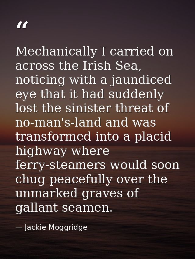 Mechanically I carried on across the Irish Sea, noticing with a jaundiced eye that it had suddenly lost the sinister thr — Jackie Moggridge