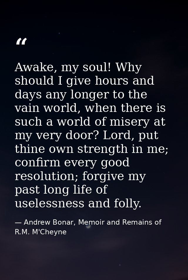 Awake, my soul! Why should I give hours and days any longer to the vain world, when there is such a world of misery at m — Andrew Bonar, Memoir and Remains of R.M. M'Cheyne