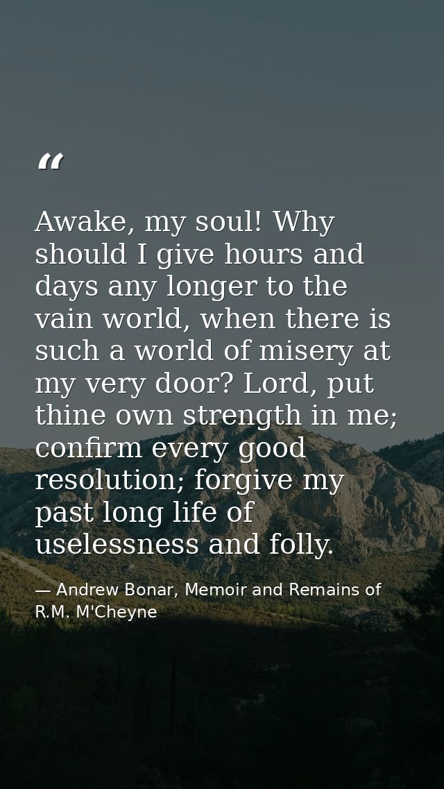 Awake, my soul! Why should I give hours and days any longer to the vain world, when there is such a world of misery at m — Andrew Bonar, Memoir and Remains of R.M. M'Cheyne