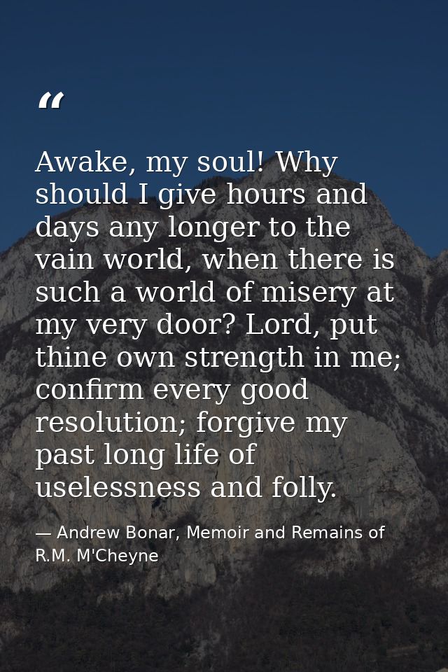 Awake, my soul! Why should I give hours and days any longer to the vain world, when there is such a world of misery at m — Andrew Bonar, Memoir and Remains of R.M. M'Cheyne