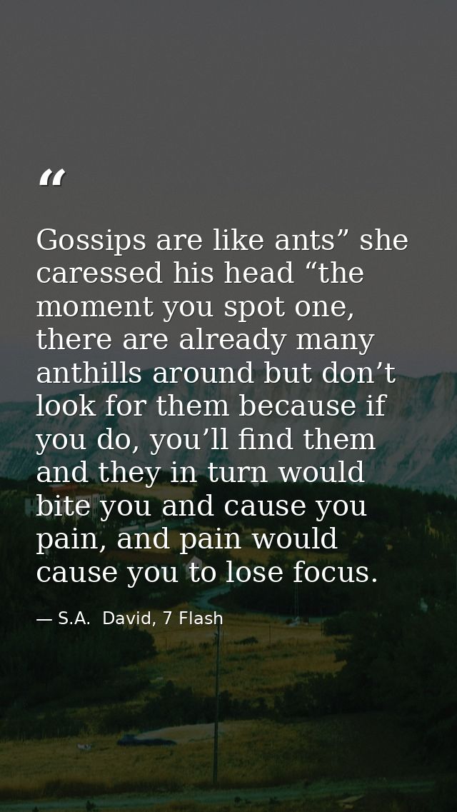 Gossips are like ants” she caressed his head “the moment you spot one, there are already many anthills around but don’t  — S.A.  David, 7 Flash
