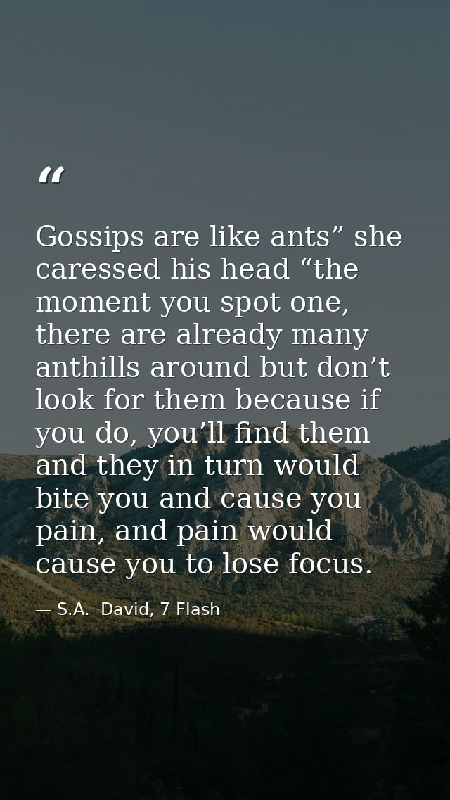 Gossips are like ants” she caressed his head “the moment you spot one, there are already many anthills around but don’t  — S.A.  David, 7 Flash