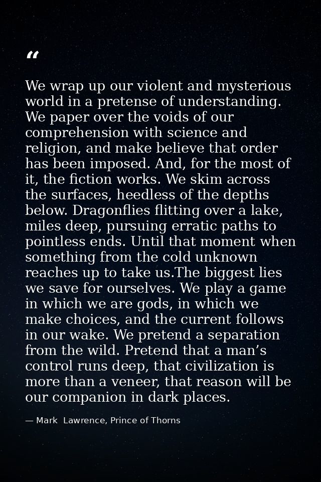 We wrap up our violent and mysterious world in a pretense of understanding. We paper over the voids of our comprehension — Mark  Lawrence, Prince of Thorns