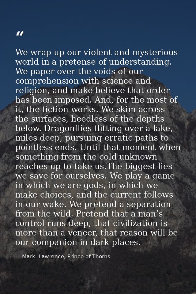 We wrap up our violent and mysterious world in a pretense of understanding. We paper over the voids of our comprehension — Mark  Lawrence, Prince of Thorns