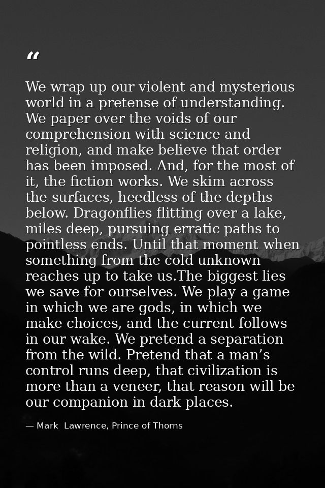 We wrap up our violent and mysterious world in a pretense of understanding. We paper over the voids of our comprehension — Mark  Lawrence, Prince of Thorns