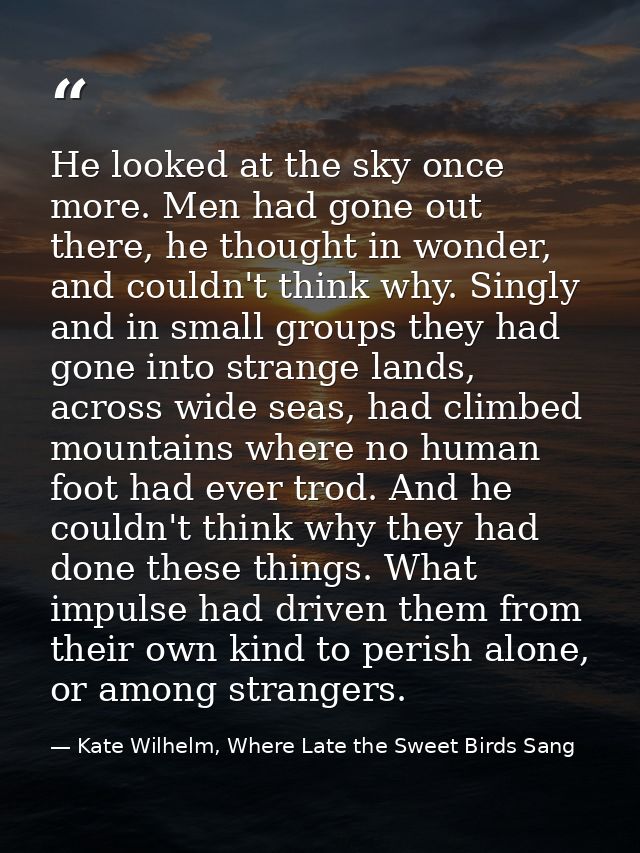 He looked at the sky once more. Men had gone out there, he thought in wonder, and couldn't think why. Singly and in smal — Kate Wilhelm, Where Late the Sweet Birds Sang