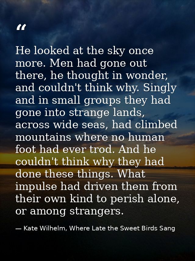 He looked at the sky once more. Men had gone out there, he thought in wonder, and couldn't think why. Singly and in smal — Kate Wilhelm, Where Late the Sweet Birds Sang