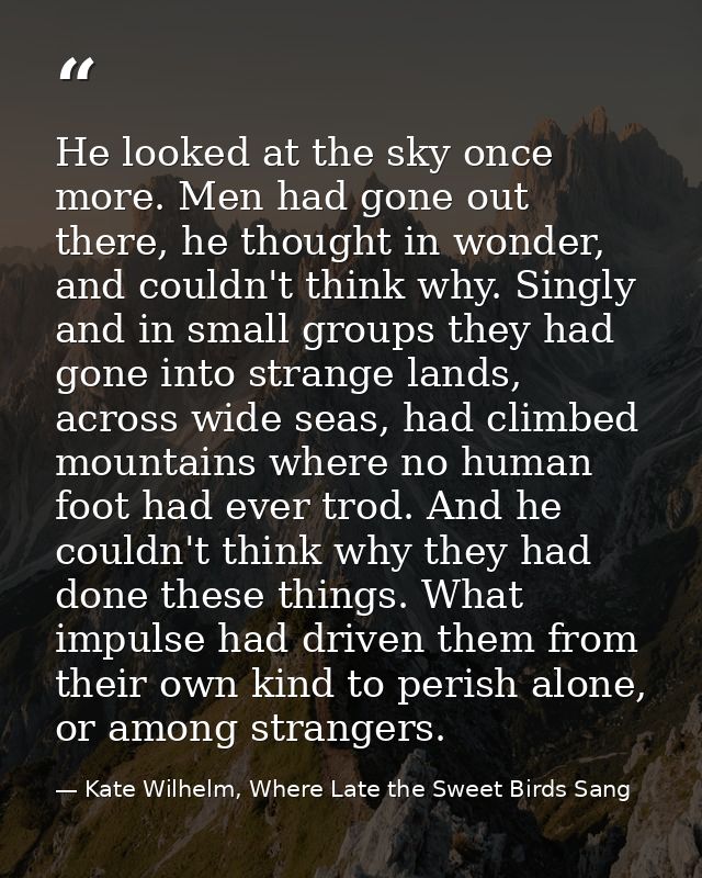 He looked at the sky once more. Men had gone out there, he thought in wonder, and couldn't think why. Singly and in smal — Kate Wilhelm, Where Late the Sweet Birds Sang