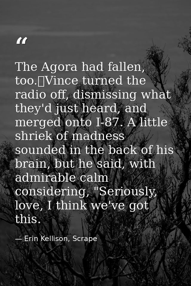 The Agora had fallen, too.	Vince turned the radio off, dismissing what they'd just heard, and merged onto I-87. A little — Erin Kellison, Scrape