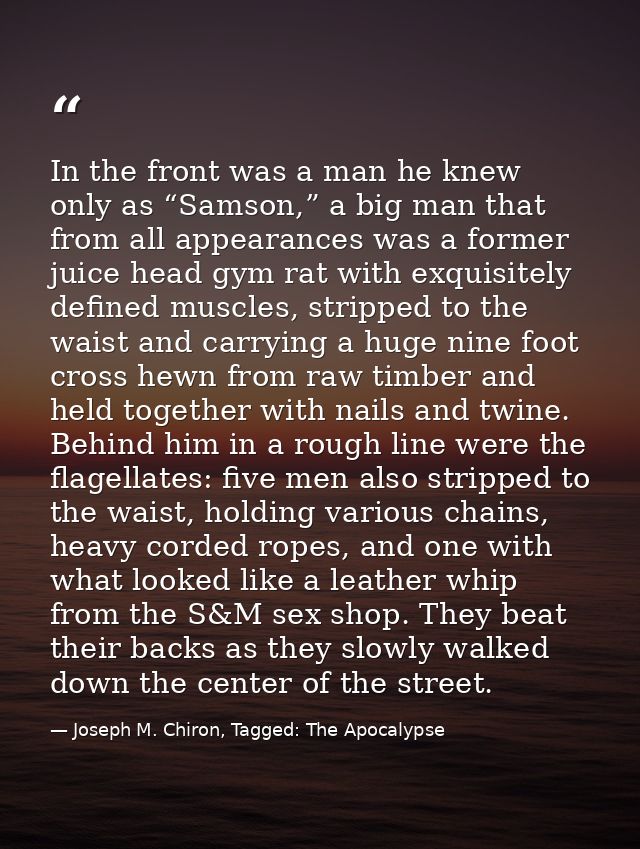 In the front was a man he knew only as “Samson,” a big man that from all appearances was a former juice head gym rat wit — Joseph M. Chiron, Tagged: The Apocalypse