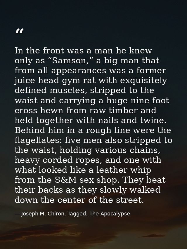 In the front was a man he knew only as “Samson,” a big man that from all appearances was a former juice head gym rat wit — Joseph M. Chiron, Tagged: The Apocalypse