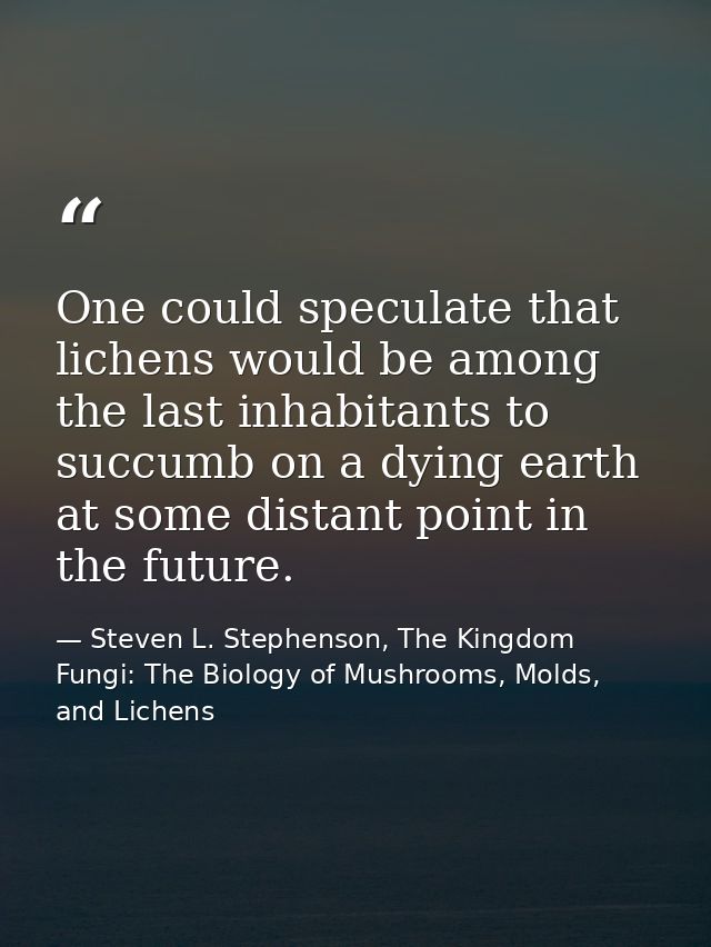 One could speculate that lichens would be among the last inhabitants to succumb on a dying earth at some distant point i — Steven L. Stephenson, The Kingdom Fungi: The Biology of Mushrooms, Molds, and Lichens