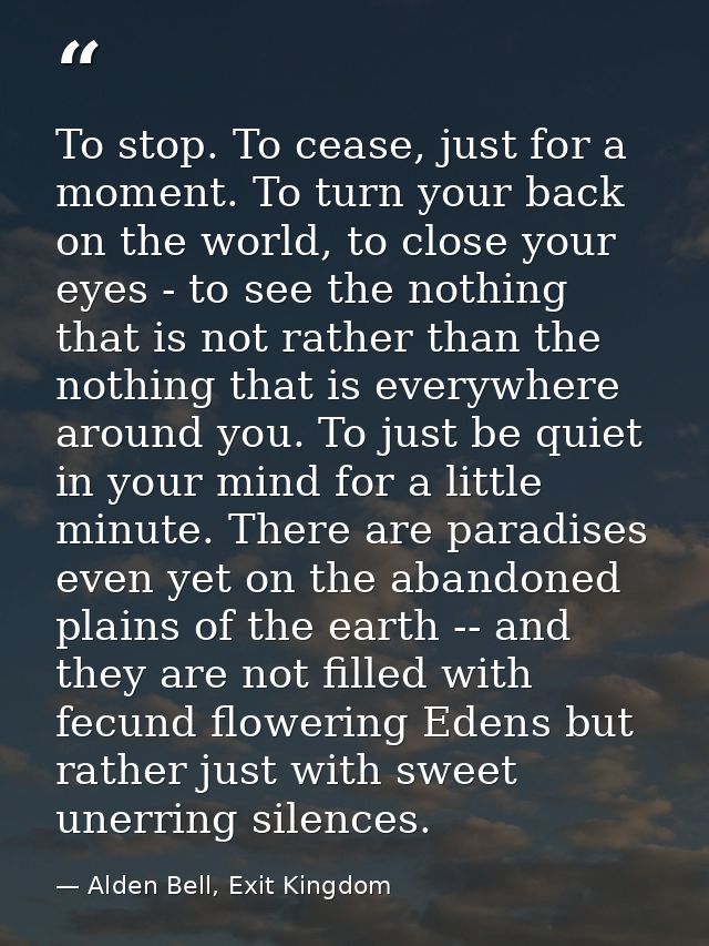 To stop. To cease, just for a moment. To turn your back on the world, to close your eyes - to see the nothing that is no — Alden Bell, Exit Kingdom