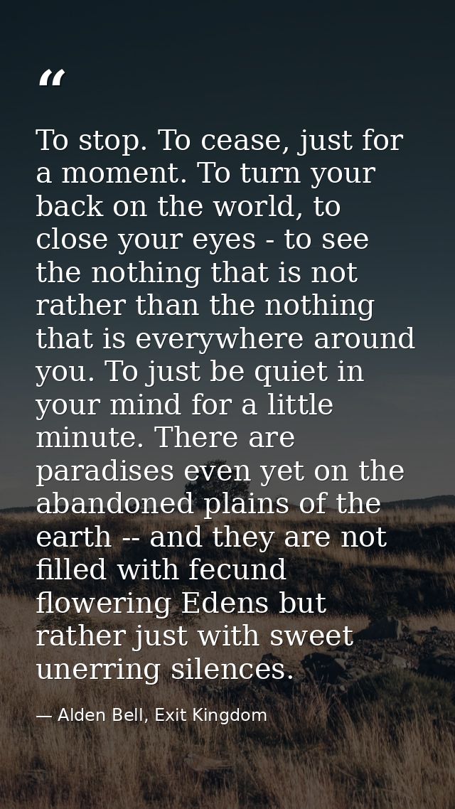 To stop. To cease, just for a moment. To turn your back on the world, to close your eyes - to see the nothing that is no — Alden Bell, Exit Kingdom