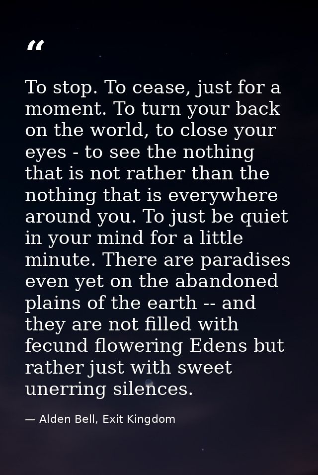 To stop. To cease, just for a moment. To turn your back on the world, to close your eyes - to see the nothing that is no — Alden Bell, Exit Kingdom