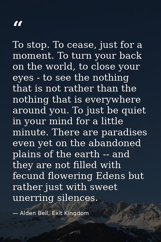 To stop. To cease, just for a moment. To turn your back on the world, to close your eyes - to see the nothing that is no — Alden Bell, Exit Kingdom