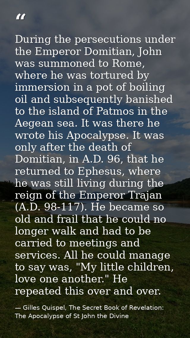 During the persecutions under the Emperor Domitian, John was summoned to Rome, where he was tortured by immersion in a p — Gilles Quispel, The Secret Book of Revelation: The Apocalypse of St John the Divine