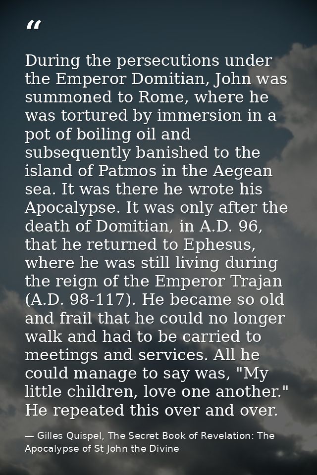 During the persecutions under the Emperor Domitian, John was summoned to Rome, where he was tortured by immersion in a p — Gilles Quispel, The Secret Book of Revelation: The Apocalypse of St John the Divine